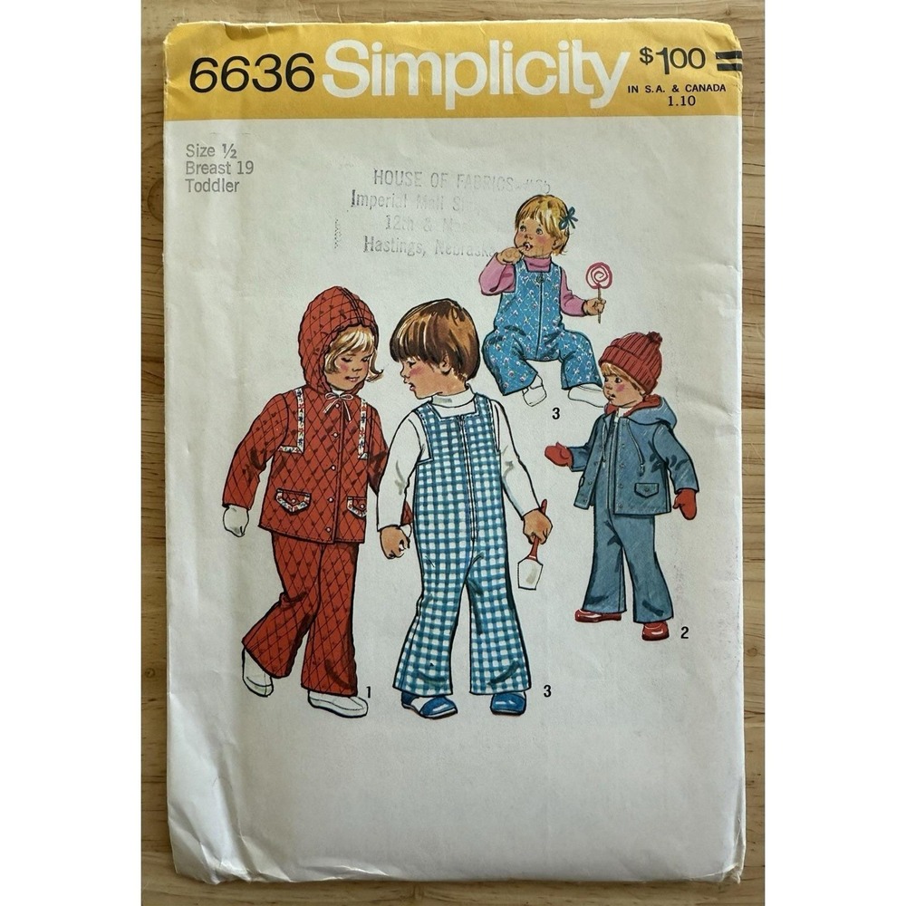 VTG Simplicity Pattern 6636 Toddlers Bell Bottom Overalls & Hooded Jacket Sz 1/2